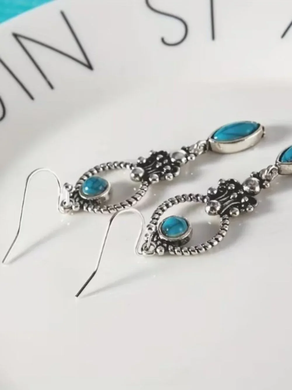 Boho Retro Style Silvertone Drop Earrings with Turquoise Inlaid Stones